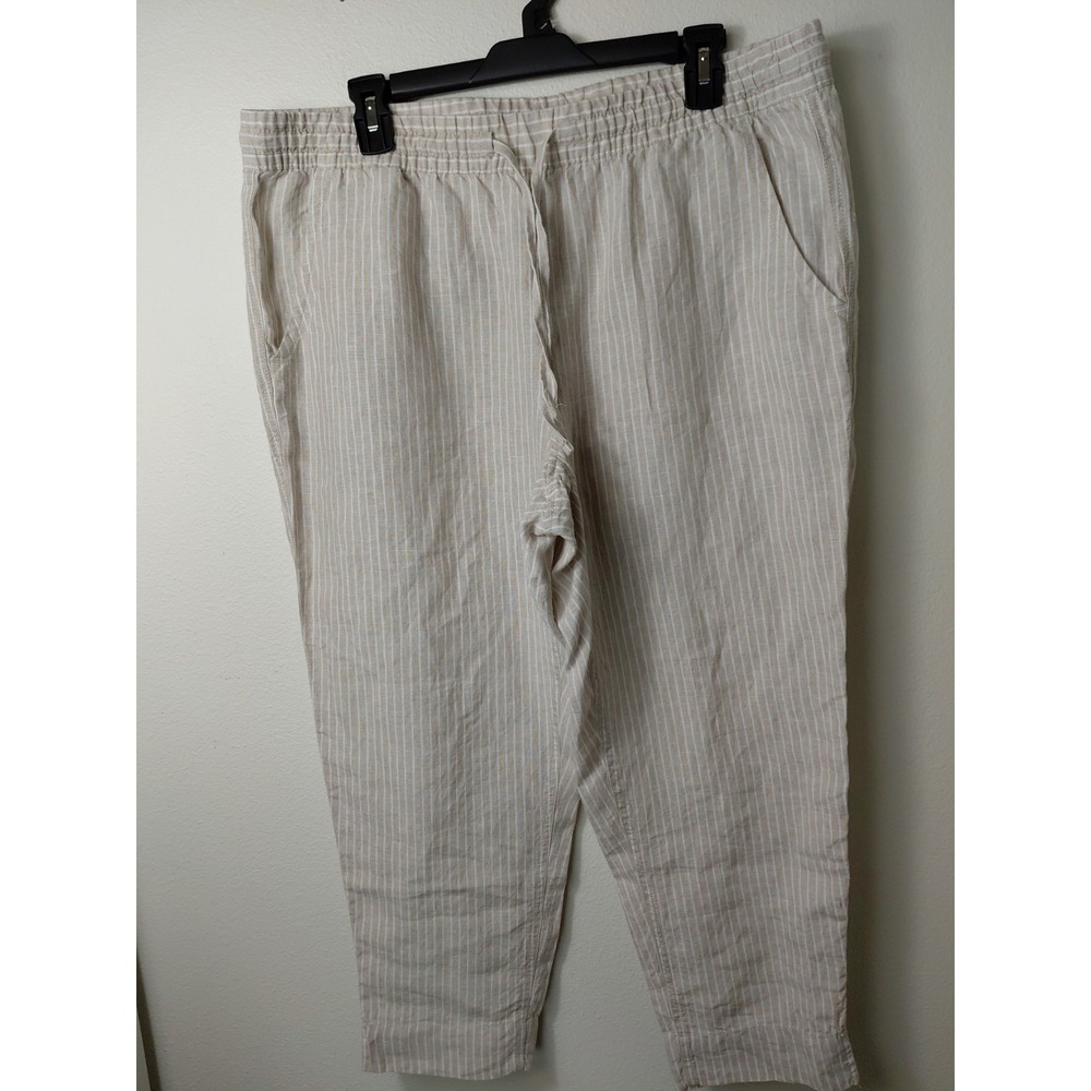 LL Bean Womens 100% Linen Pants XL Beige Stripe Straight Leg Euro Summer NWOT